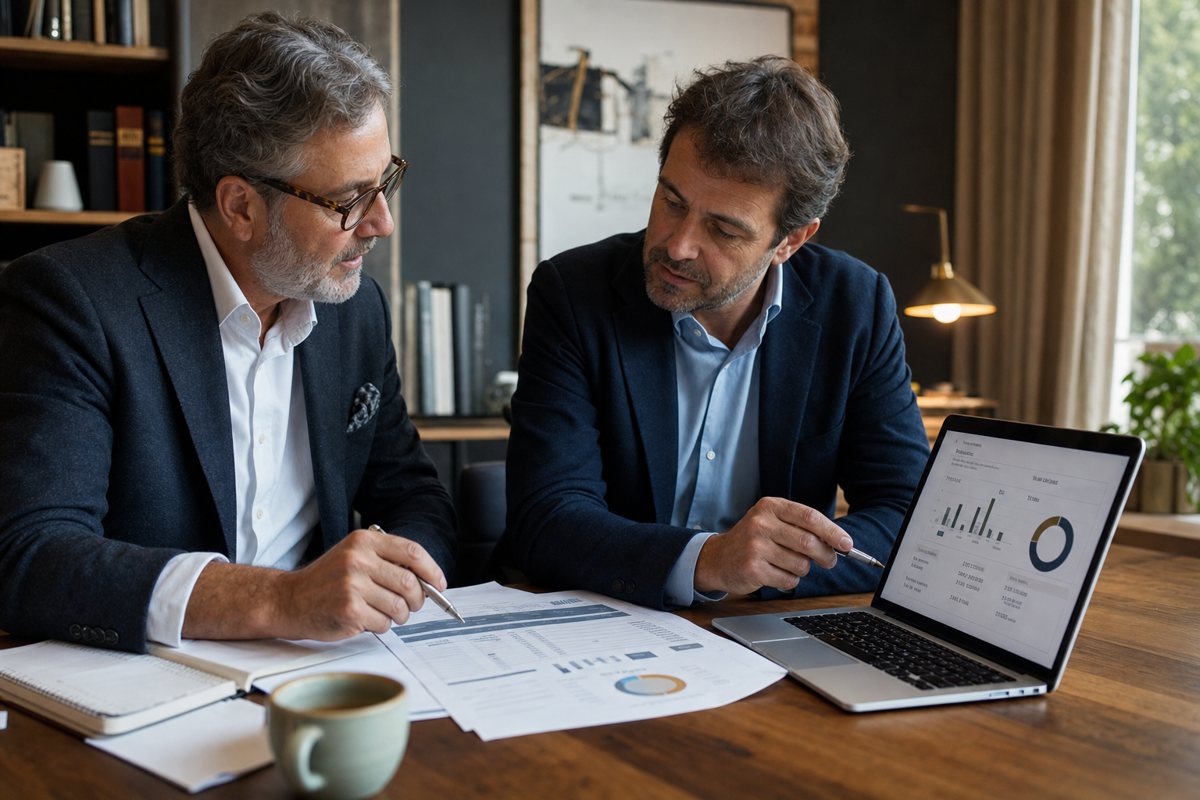 Escena ilustrativa de revisión empresarial con acompañamiento profesional